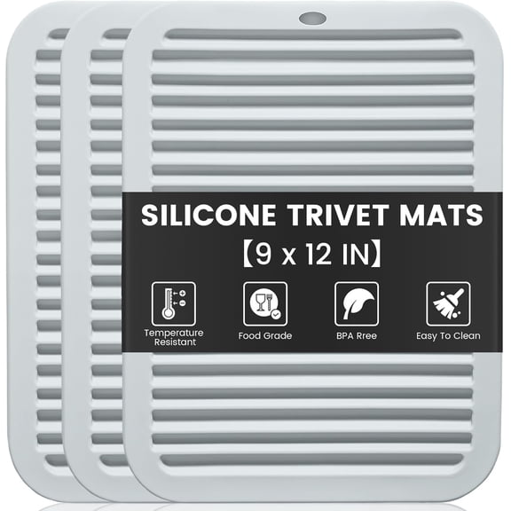 3 PCS Silicone Trivets for Hot Pots and Pans 9"x12" Heat Resistant Mat Hot Pads for Kitchen Quartz Countertops - Dish Drying Mat Non-Slip Potholders Pot Holders Trivets for Hot Dishes - Gray