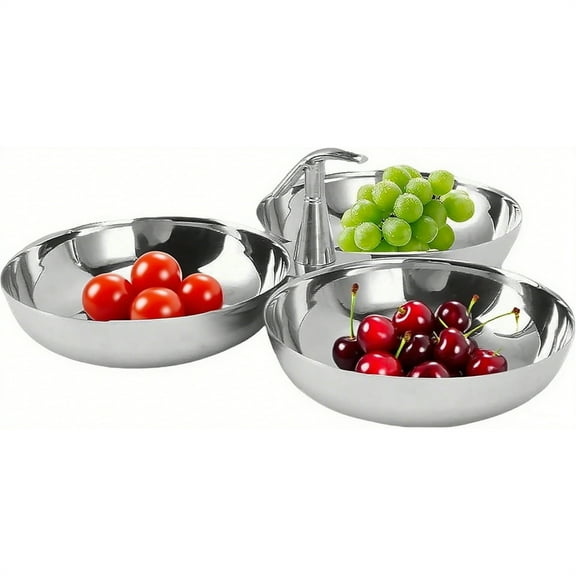 Scheam 1 Pcs Stainless Steel Fruit Plate with T Handle,3-Compartment Food Serving Tray,Portable Snack Bowl,Silver Simple Dessert Plates,for Home Lunch Picnic Party (Type B)