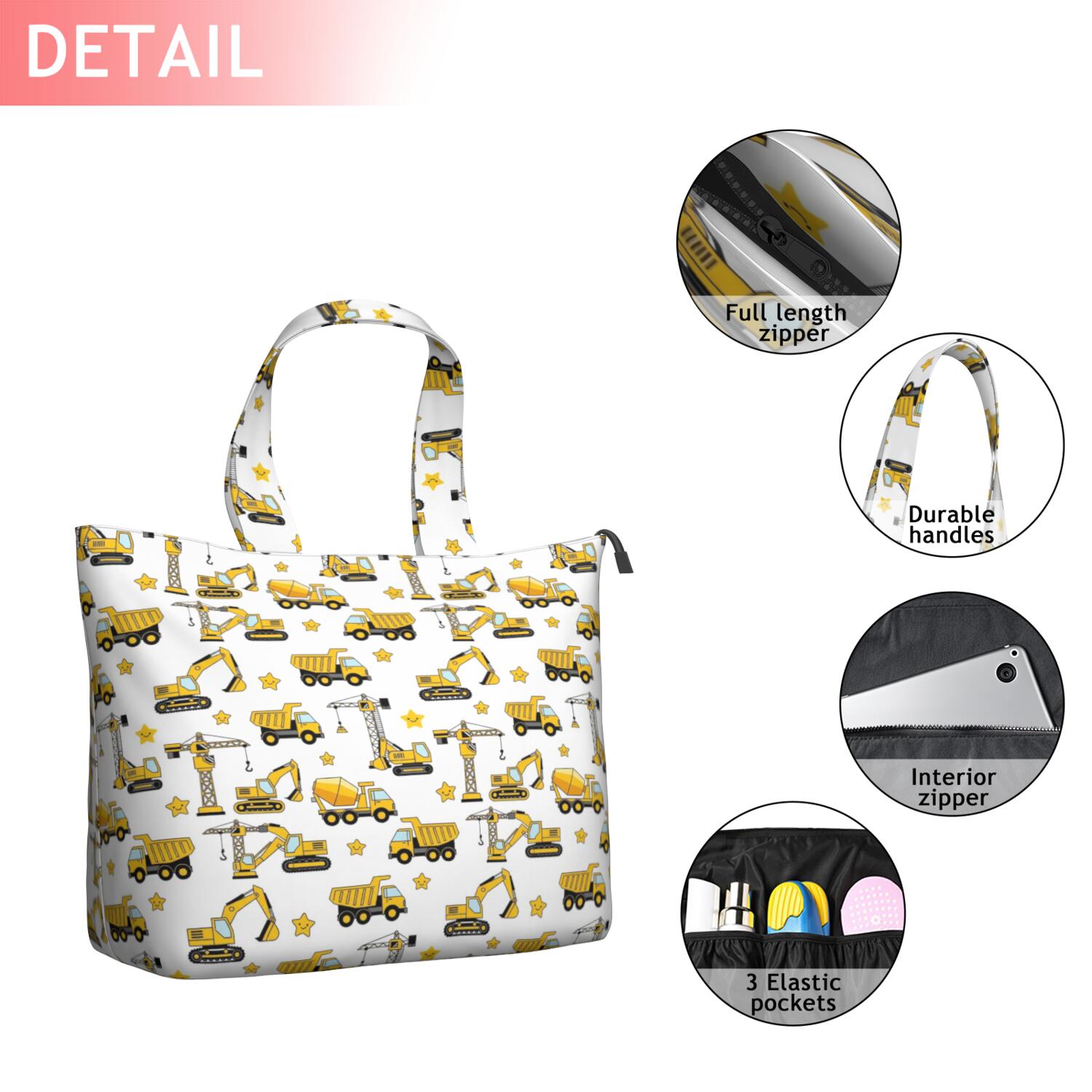 Cartoon Construction Vehicles Cranes Travel Tote Bags for Women Carry On,Large Weekender Bags for Women Travel,Multi Functional Duffle Bag for Work,Shopping,Sports