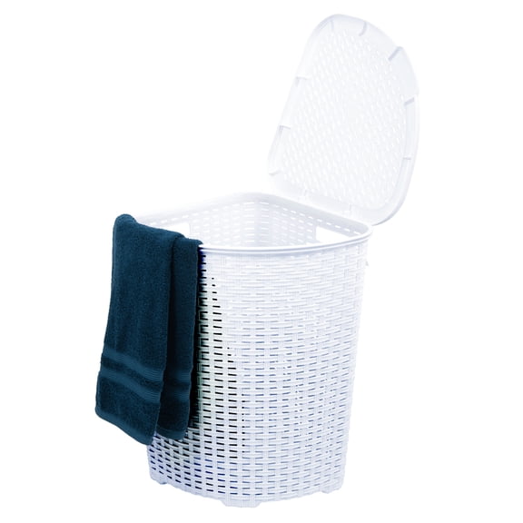 Superio Corner Laundry Hamper Basket With Lid 50 Liter, White Wicker Hamper - Durable, Lightweight Bin With Cutout Handles, Storage Dirty Clothes, Space Saver Curved Shape Design
