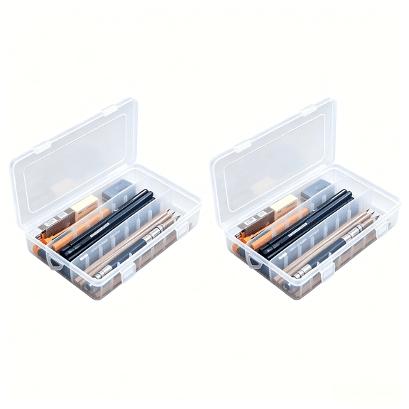 Cififendec 2Pcs Clear Plastic Pencil Box, 7.87"×5.5", Transparent Divided Stationery Organizer for Students, Desk Supplies Storage & Multipurpose Use