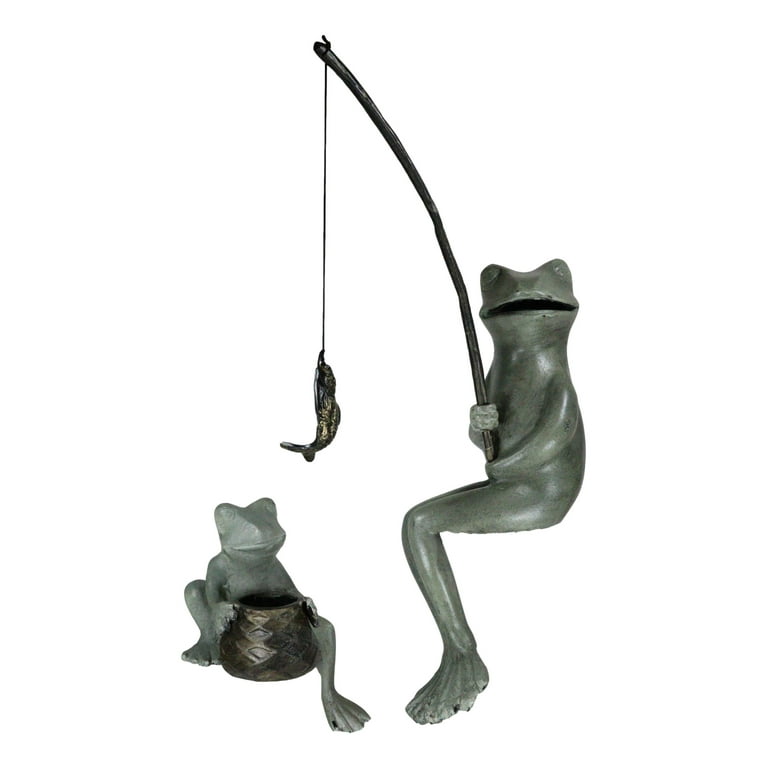 Large Aluminum Mama Frog And Baby Frog Fishing Garden Statue Pond Edge  Sitter