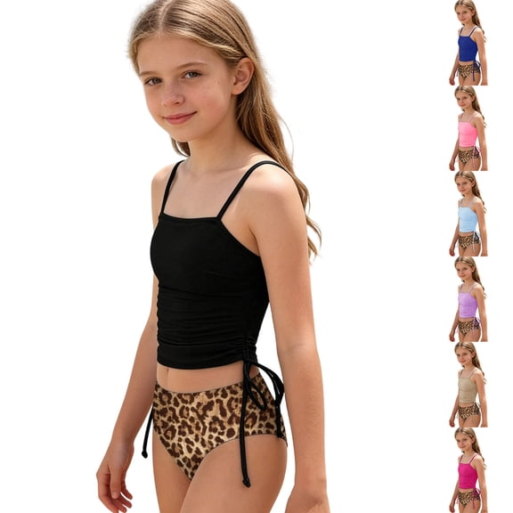 Teen Girl Swimsuits Two P iece Ruched Drawstring Bathing Suits with High Waisted Bottom Rib Tummy Control Bathing Suit