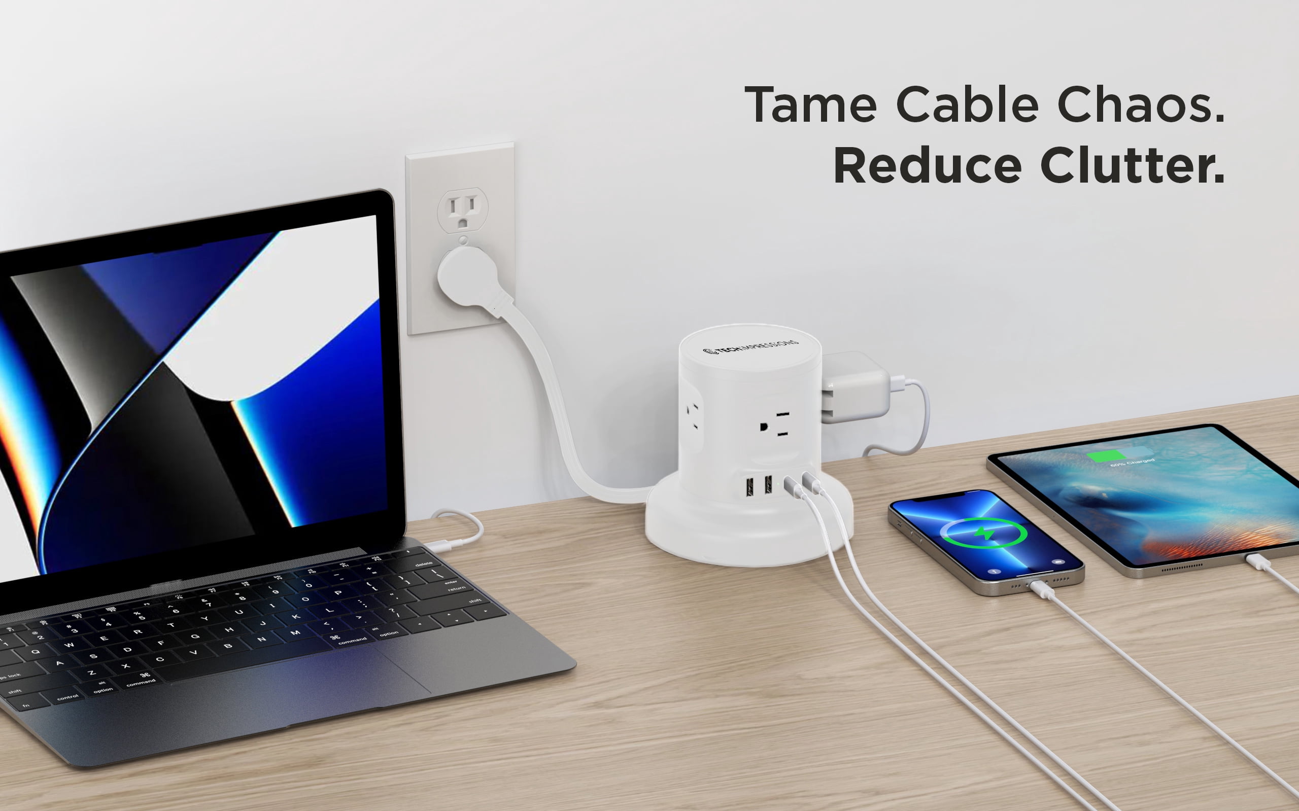 Retractable Power Strip Tower, 8-in-1 Surge Protector with 4 AC Outlets, 2 USB-C, 2 USB-A, 6ft Auto-Retracting Cord, Fast Charging Charging Station, White