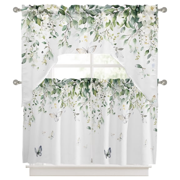 3 Pieces Swag Kitchen Curtains Set, Eucalyptus Valance Swag & Small Window Tier Curtain 24 Inches Long, Butterfly Sage Green Leaf Farmhouse Plant 56" x 36" Valance Topper Drapes for Cafe/Bedroom