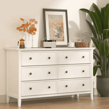 IKENO 6 Drawers White Dresser, Modern Solid Wood Chest of Drawers, White Dresser for Bedroom Room