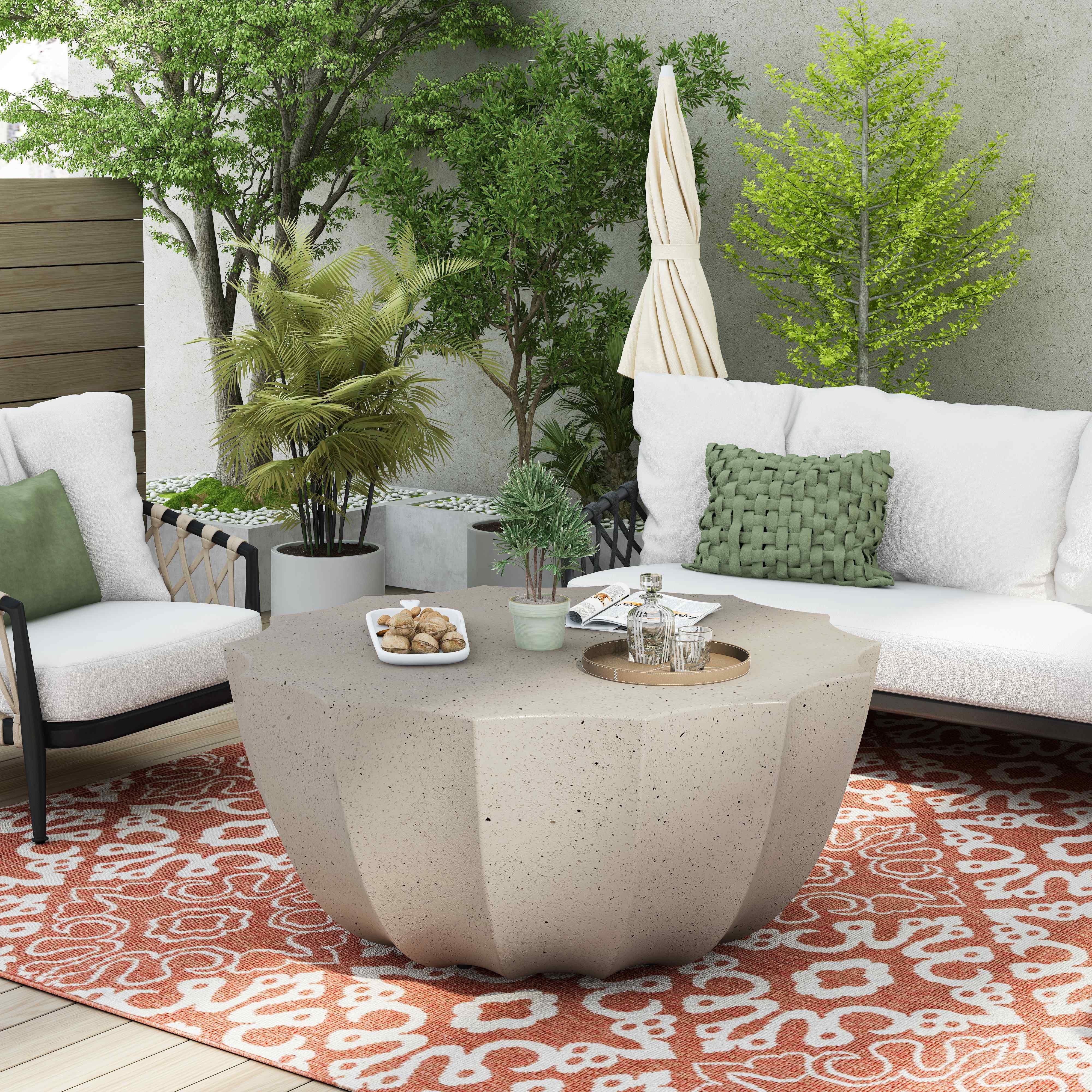 FFH 35.43" Coffee Table for Indoor & Outdoor, Modern Cement Table for Living Room, Patio, Backyards, White