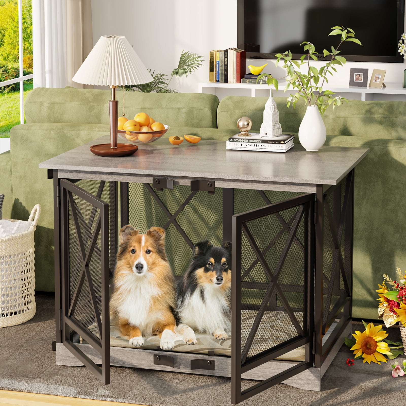 48 inch Extra Large Dog Crate Furniture,Double Door Indoor Kennel,End Side Table Wooden Dog Crates,Anti-Chew Anti-Escape, Gray