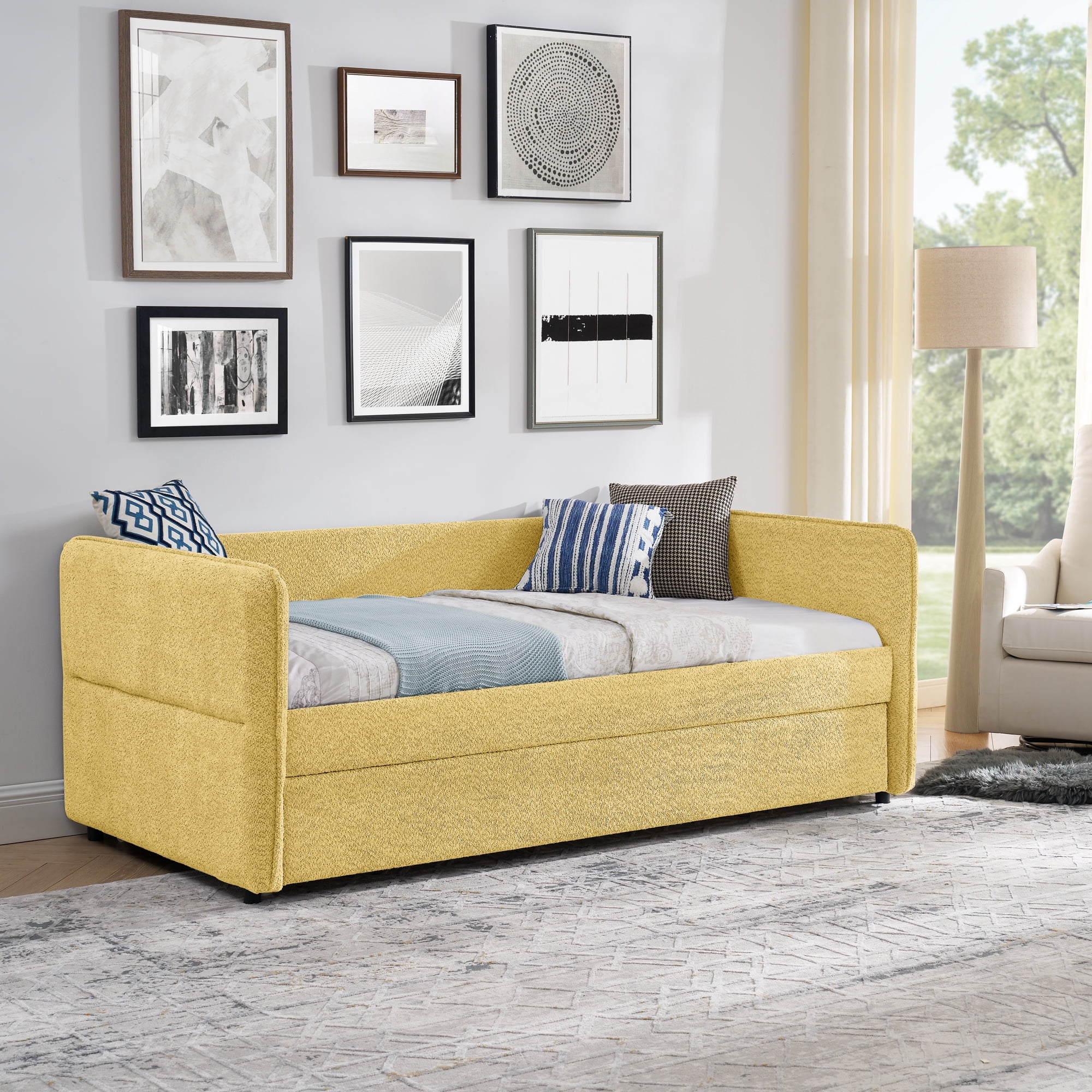 Mintazer Twin Upholstered Daybed with Trundle, Boucle Fabric Sofa Bed for Living Room & Bedroom, Yellow