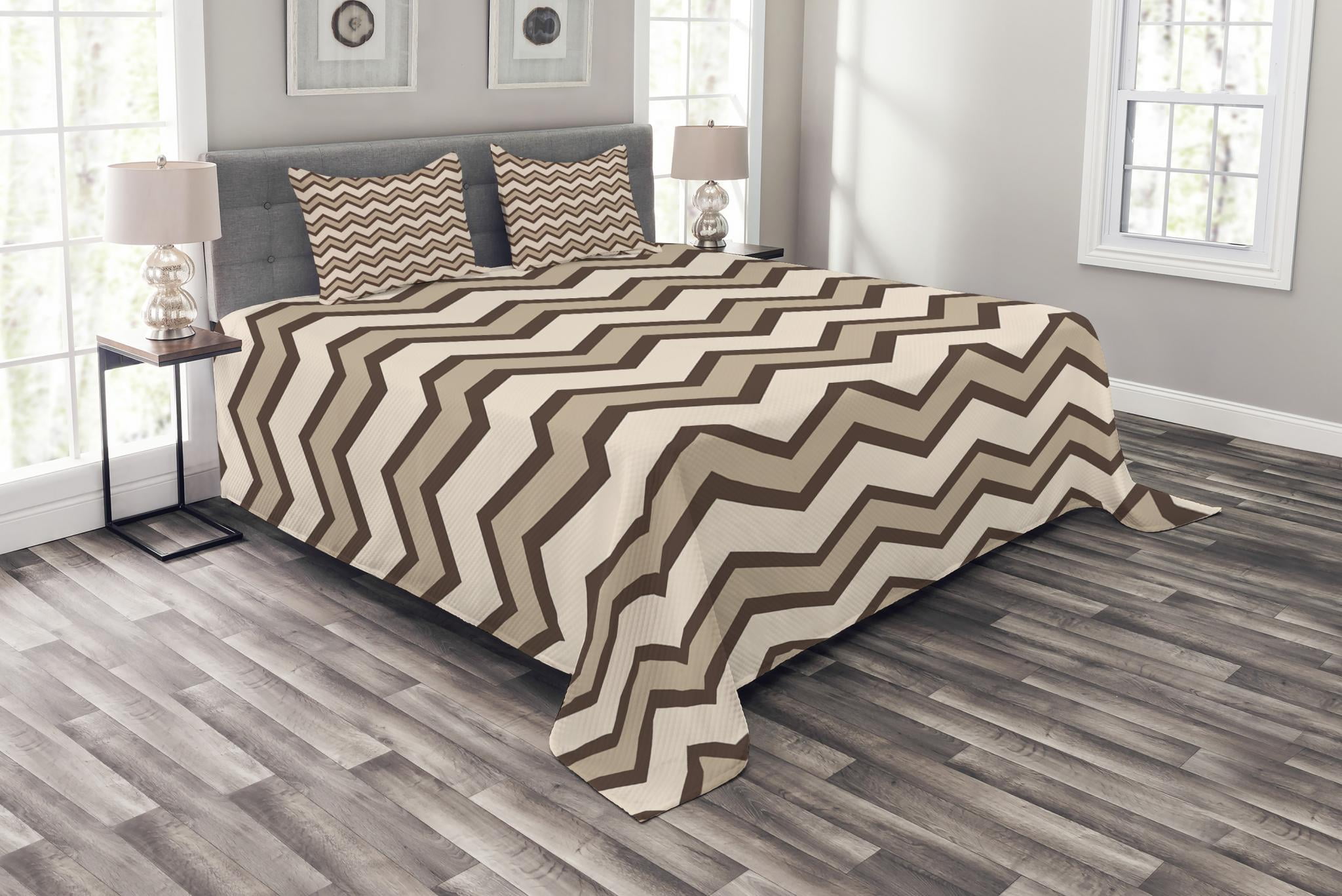 Tan Bedspread Set, Classic and Fashionable Chevron Zigzag Pattern Waves