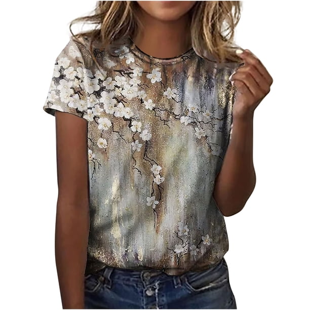 Moda para mujer Tops Printe Casual Loose Fit Camisetas Blusa Estampado de cuello redondo Camisa Fridja hjk1000