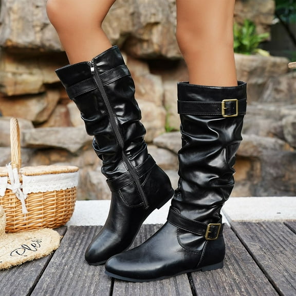 NTACZA Women's Boots Slouch Black Knee-High Wide Calf Pointed Toe Buckles Boots Women's Shoes 36