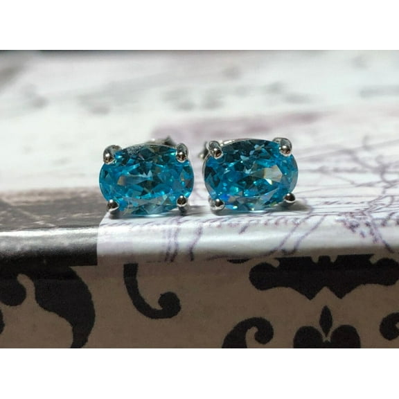 Mangal Jewels 3 Ct Oval Cut 4mm Blue Topaz Solitaire Womens Stud Earrings 14k White Gold Finish