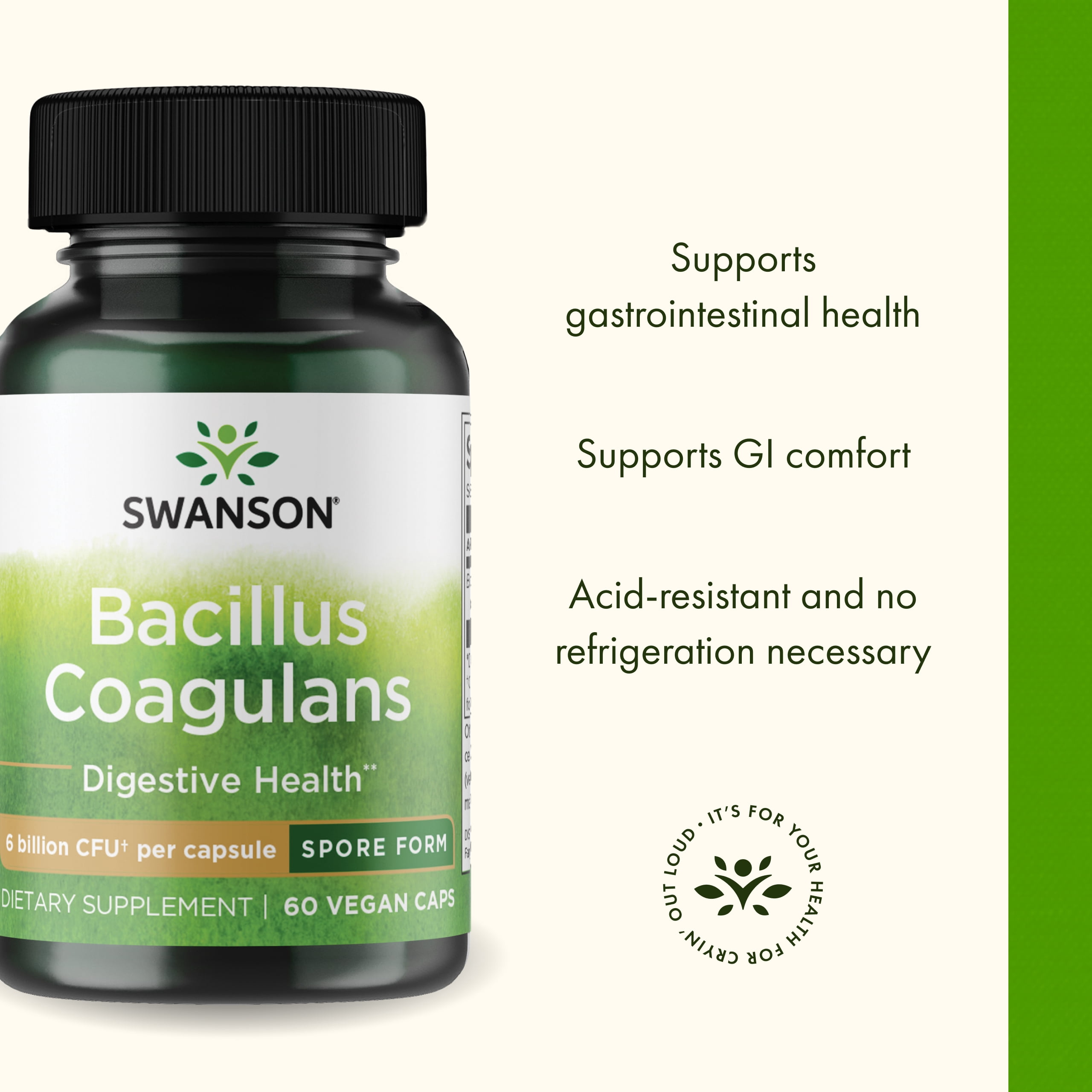 Swanson Bacillus Coagulans - Probiotic Supplement Supporting Digestive Health with 6 Billion CFU - Natural GI Health Support - (60 Veggie Capsules)