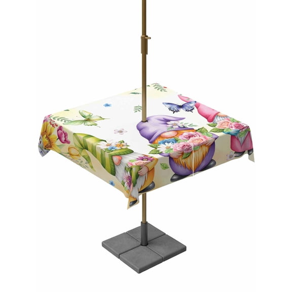 Outdoor Tablecloths with Umbrella Hole & Zipper, Spring Floral 54x54 Inch Square Tablecloths, Watercolor Gnomes Flowers Butterflies Yellow Waterproof Table Cloth, Patio/Pool/Picnic Table Covers