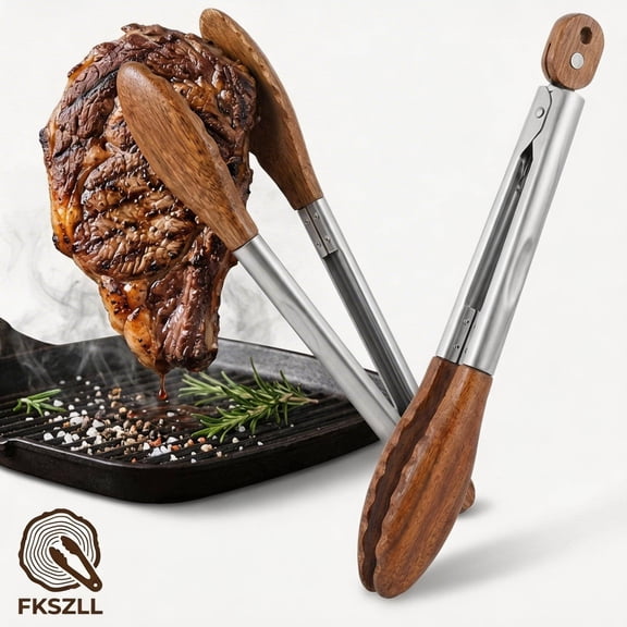 Fkszll 2Pcs Wooden Tongs for Cooking Set - Natural Non-Toxic Heat Resistant Walnut Wood Tongs (15" & 11.5") for Salad Serving Grilling Kitchen Tongs