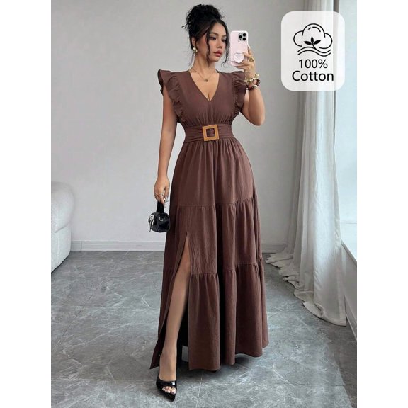 Coffee Brown V-Neck Ruffle Sleeve Tiered Maxi Dress With Belt And Side
