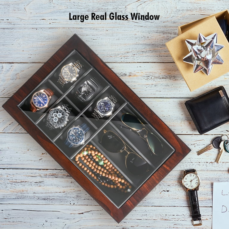 PU Leather Watch Case Box Elegant Wooden Jewelry Luxury Zipper Display  Drawer Case Organizer Holder for Smart Wrist Men Women , 10 Slot 