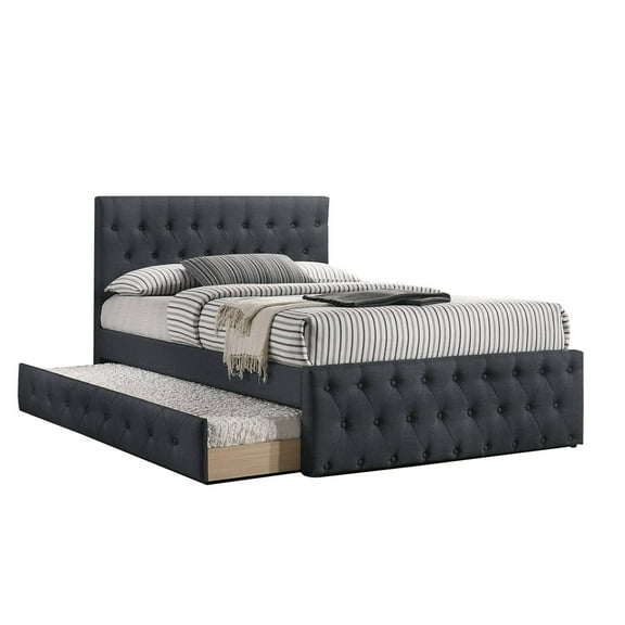 Nek Wood Twin Size Upholstered Bed with Trundle Tufted Charcoal Burlap