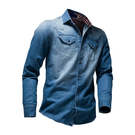 

koaiezne Men s Plus Size Top Shirt Striped Flag Washed Gradient Top Denim Long-sleeved Shirt Button Pocket Formal Shirts under Scrub Top Champagne Turtleneck Men