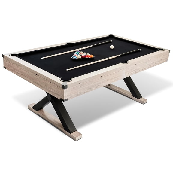 7 FT Pool Table, Billiard Table with 2 Cue Sticks, Billiard Balls, Cues, Cleaning Brush, X-Legs, Black Cloth, Rustic Grey, 84" L x 46.5" W x 32.7" H