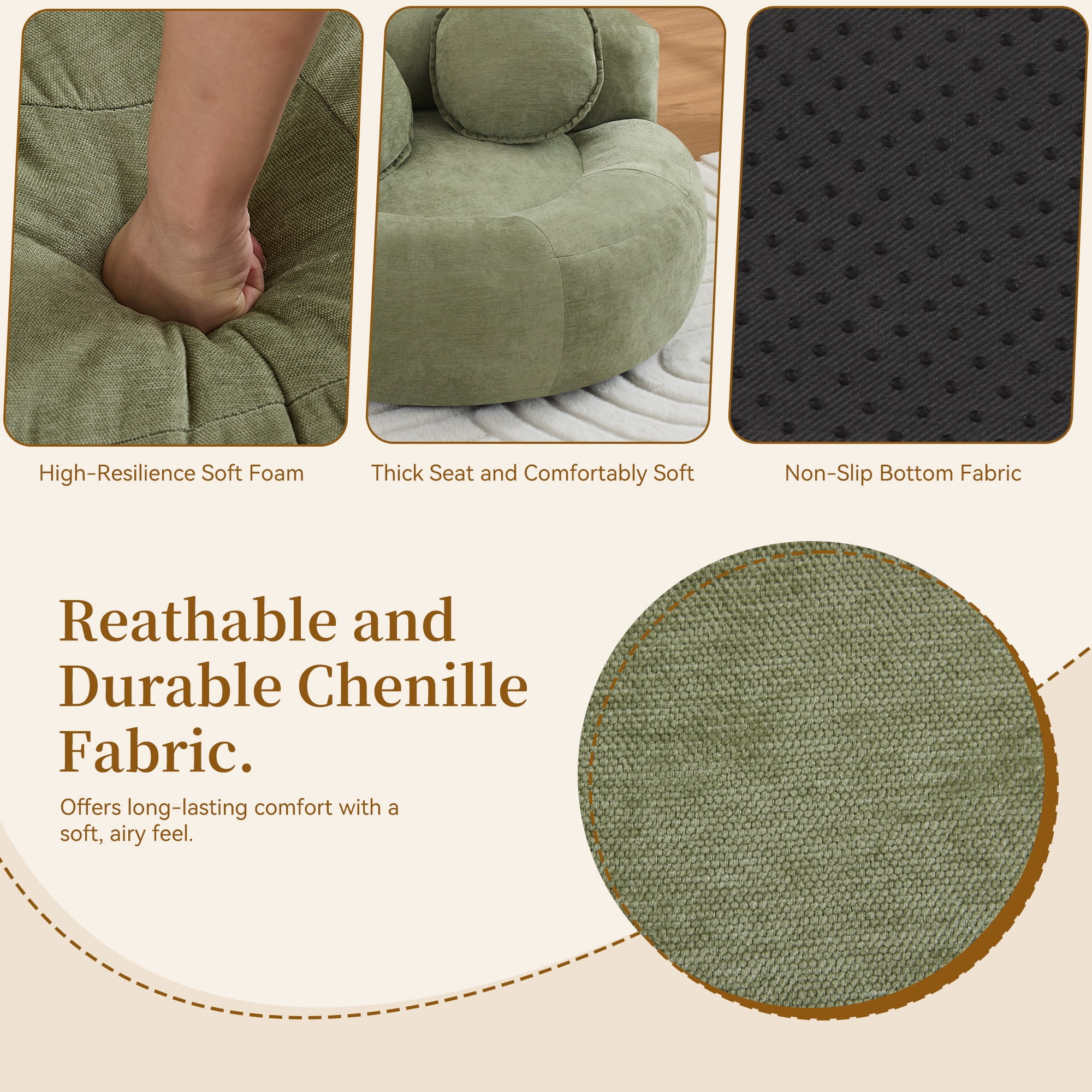 43'' Round Oversized Chaise Lounge Indoor Chair, No Assembly Chenille Compressed Circle Sofa Bed,Comfy Upholstered Sleeper Couch,Lazy Bean Bag Couch for Living Room, Bedroom,Green