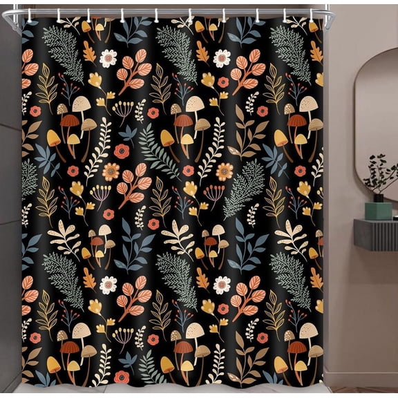 Boho Shower Curtains,Black Cute Floral Mushrooms Leaves Shower Curtain,Polyester Fabric Cloth Waterproof Decor Shower Curtain Set, 72X72in