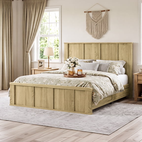 Farmhouse King Bed Frame with Tall Headboard, Brown