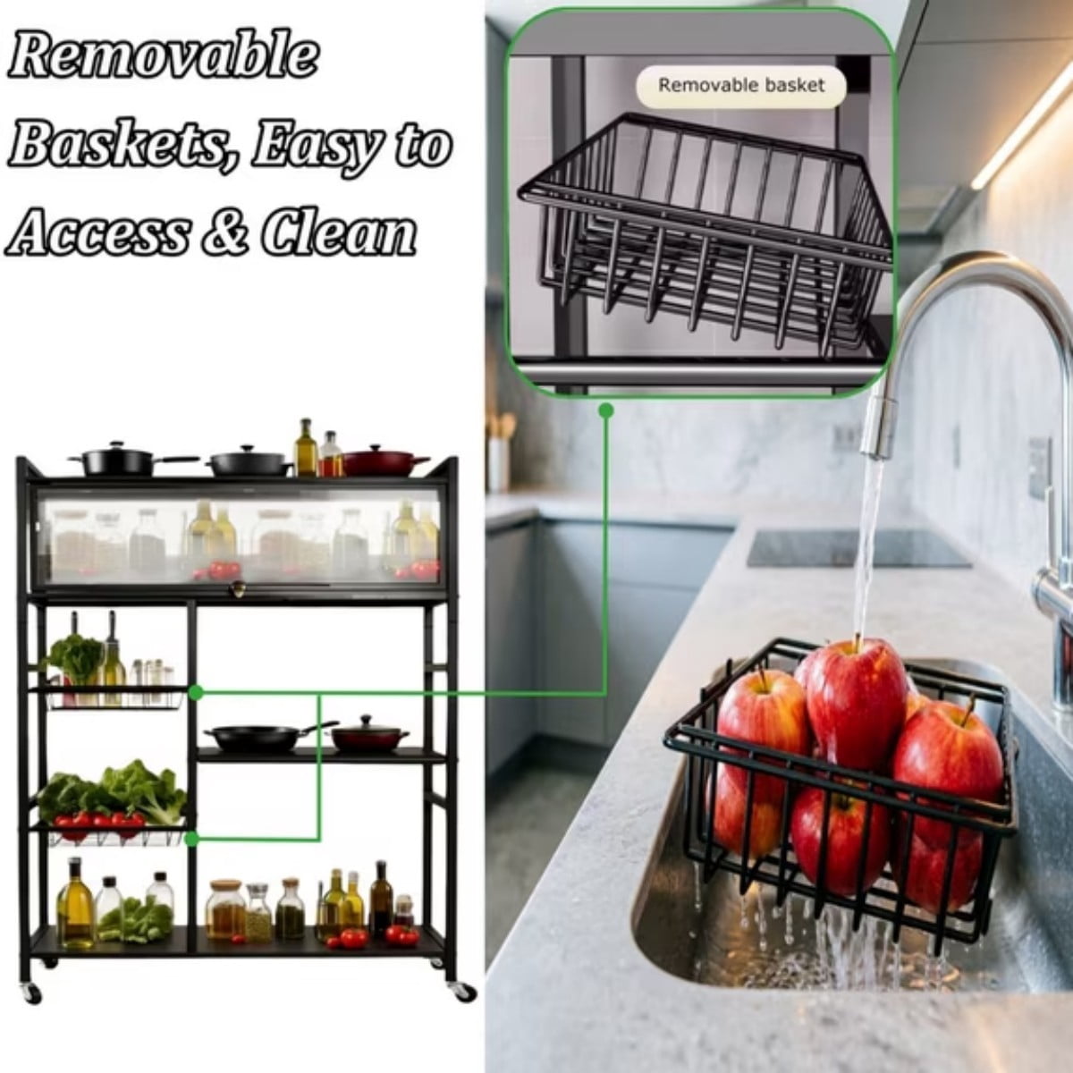 Rolling Kitchen Island, 4-Tier Kitchen Storage Cart with Dust-Proof Cabinet, 2 Removable Mesh Baskets, 360° Wheels, Slim Organizer Rack