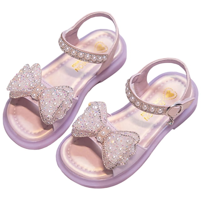 Xfvqtps Kids Girls Summer Princess Sandals Open Toe Rhinestone Bow Pearl Hook and Loop Soft Thick Sole Flats Shoes