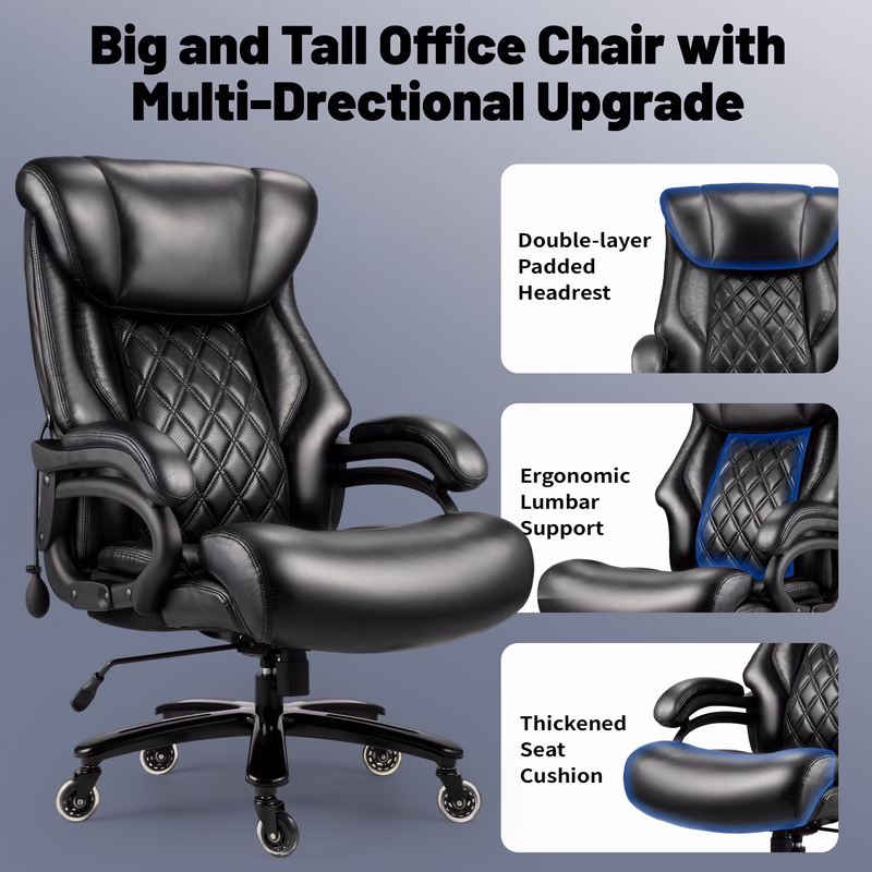 Qusaphy 800LBS Big and Tall Executive Office Chair, PU Leather Ergonomic Desk Chair with Adjustable Backrest and Thick Padded Cushion, Heavy Duty Chair for Home or Office Black
