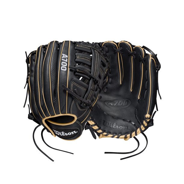 Guante de béisbol Wilson A700 Outfield de 12.5 pulgadas, negro/rubio/blanco
