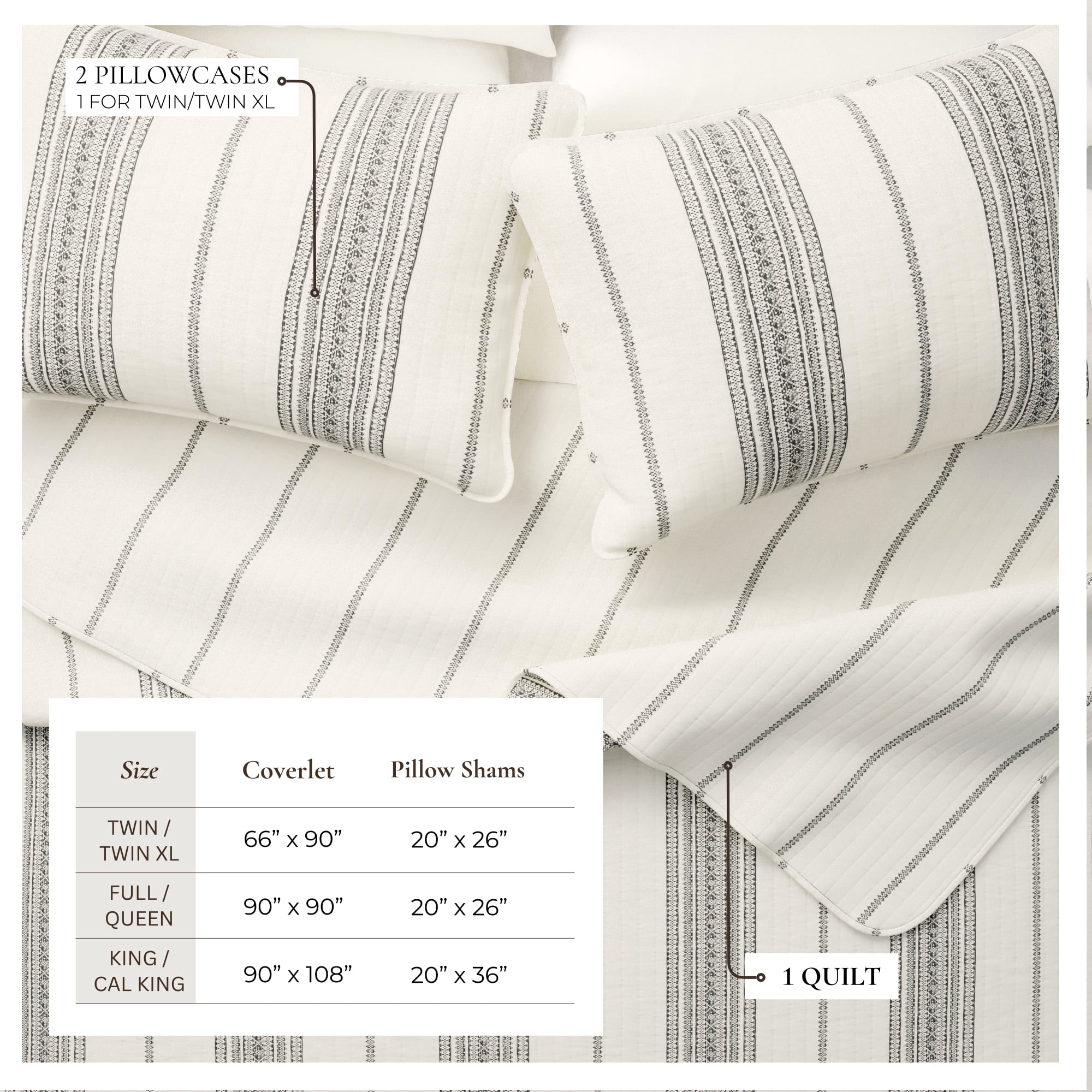 Striped Quilt Set - Lightweight, Soft, All-Season - 3-Piece Reversible Farmhouse Bedding Set (Full / Queen, Cream / Grey)