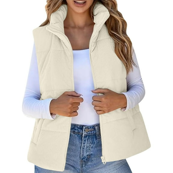 Corduroy Vest Women Cropped Puffer Vest Sleeveless Winter Lightweight Stand Collar Jackets Zip Up Coat Trendy
