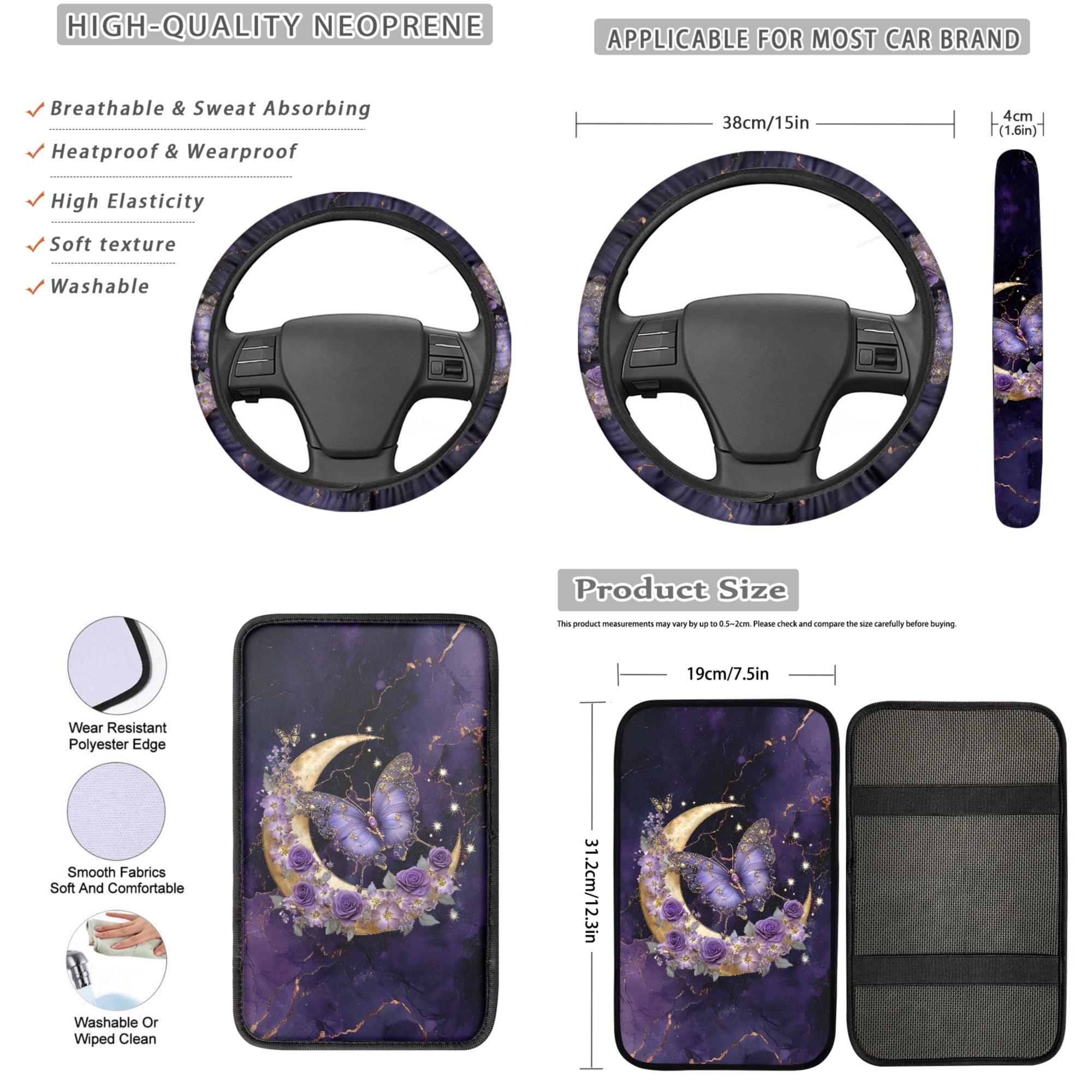Jeiento Butterfly Car Accessories Full Set Car Seat Cover Steering Wheel Cup Holder Armrest Pad Moon Keychain Lipstick Holder Purple Interior Auto Decor Fit Most Cars Truck SUV Van Sedan, 13 PCS