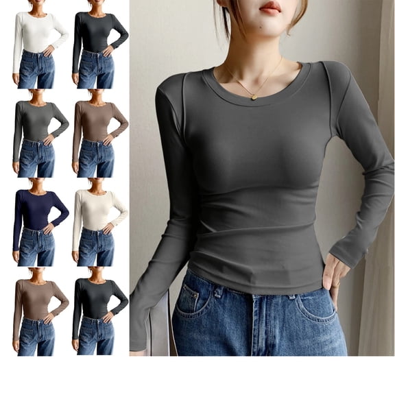 Long Sleeve Shirts for Women Fashion Slim Fit Basic T-Shirt Casual Solid Color Blouses Trendy Winter Womens Tops Dark Gray S