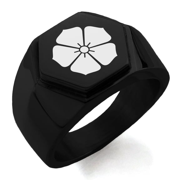 Stainless Steel Akechi Samurai Crest Engraved Hexagon Crest Flat Top Biker Style Polished Ring