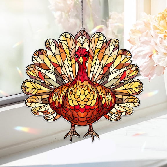 Acrylic Suncatcher Window Hanging 6-12 Inch Turkey Thanksgiving Stained Glass Effect Shatterproof Window Decor