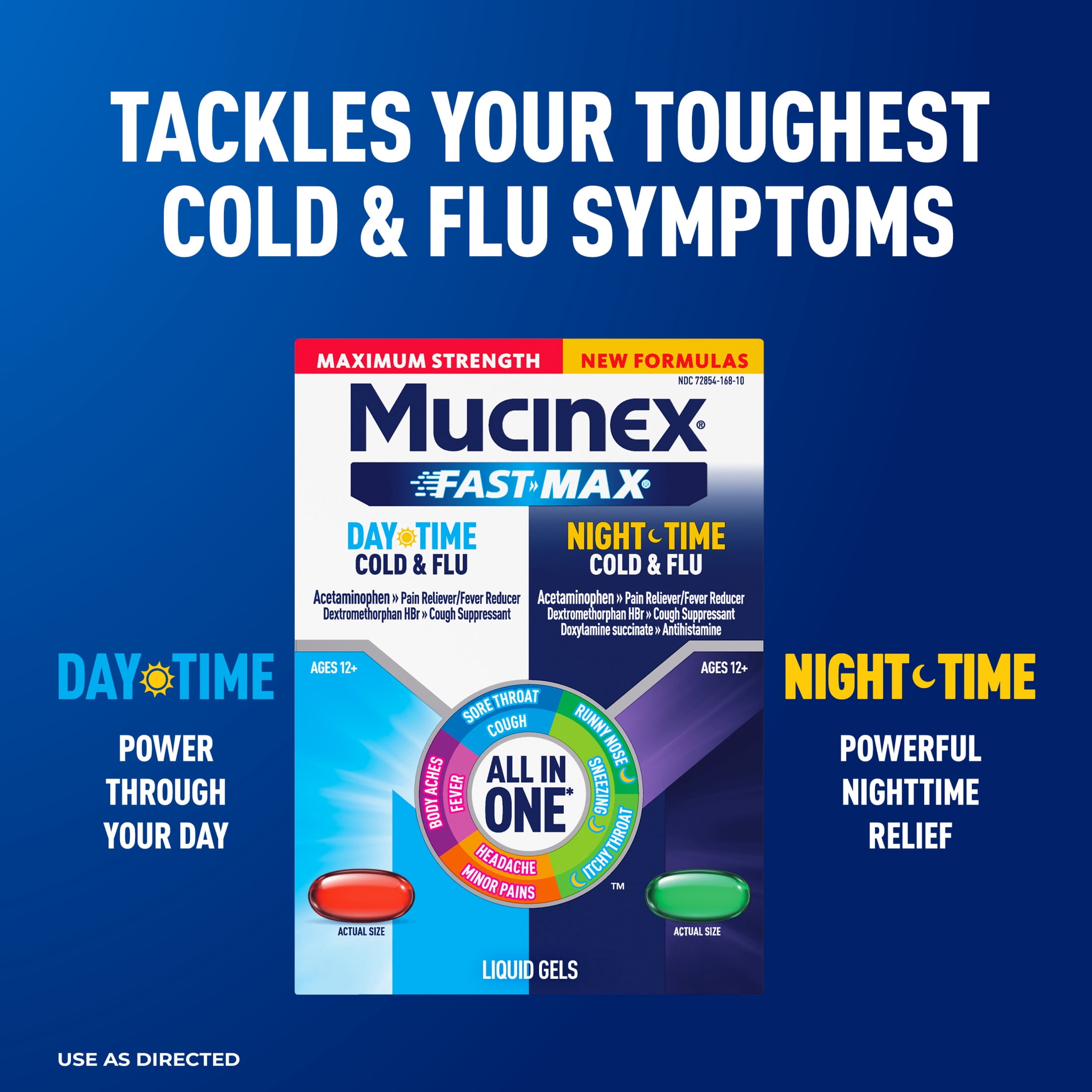 Mucinex Fast Max Cold and Flu Relief Liquid Gels, Maximum Strength Daytime (16 Count) and Nighttime (8 Count), Combo Pack