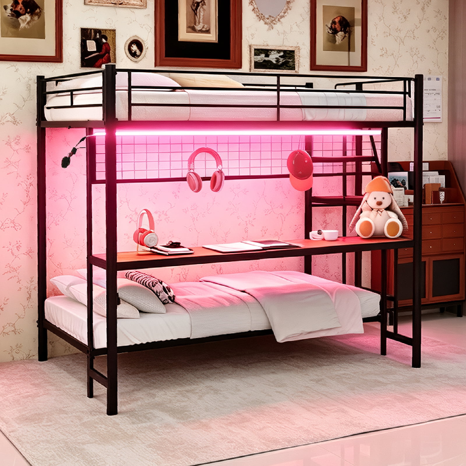 Leumius Twin over Full Size Metal Bunk Bed with Built-In Desk & LED Lighting,Heavy Duty Metal Bunk Beds Frame with Ladder for Bedrooms,Dorms,Black