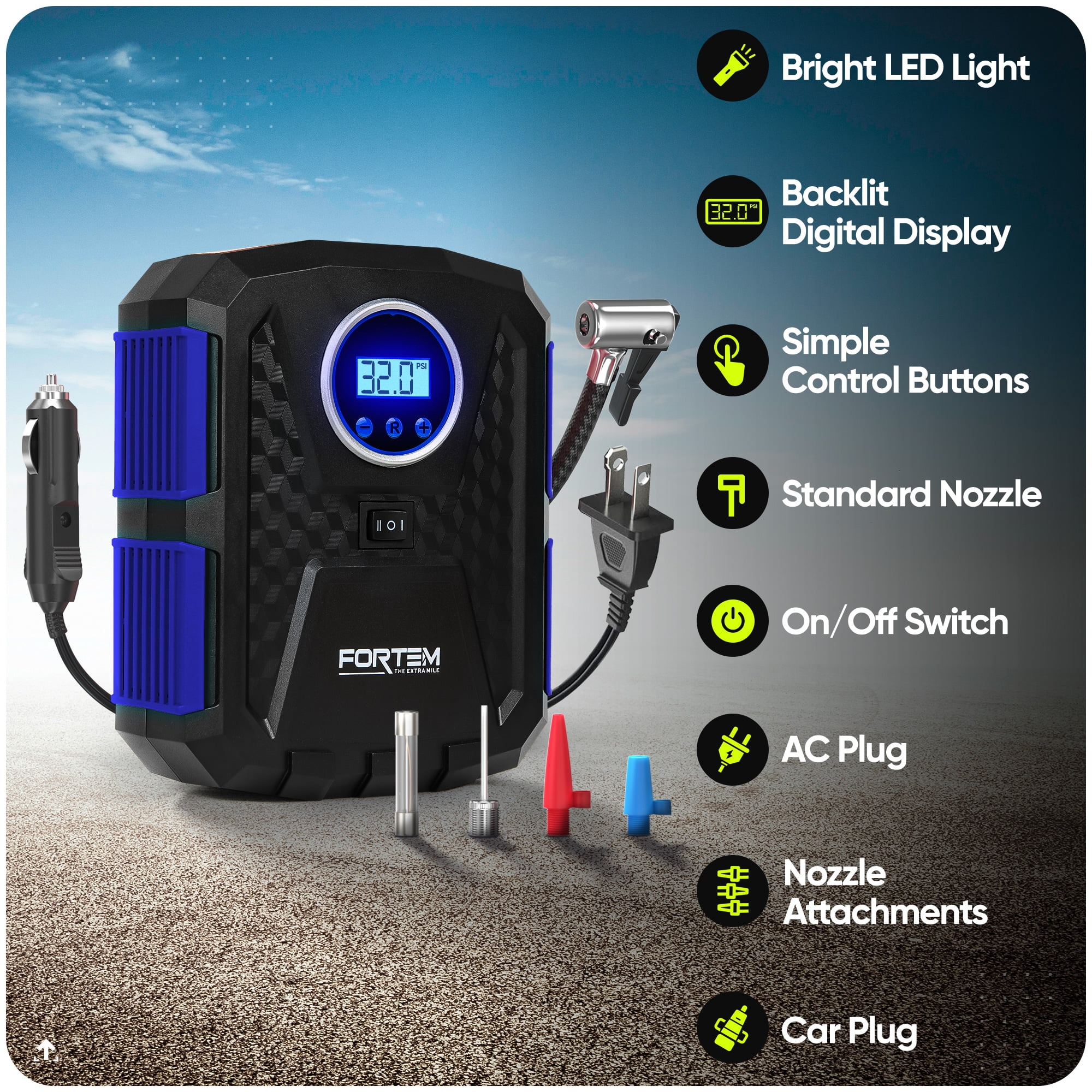 FORTEM Tire Inflator 150 PSI, Bike Pump, 112V AC 12V DC Air Pump for Car Tires, Digital Tire Pressure Gauge w/Auto Pump/Shut Off, Carrying Case (Blue)