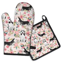 Husky and Pink Flower Kitchen Oven Mitt and Pot Holder Sets 2 Pcs for Baking, Cooking and Grilling, Heat Resistant Up To 392 °F