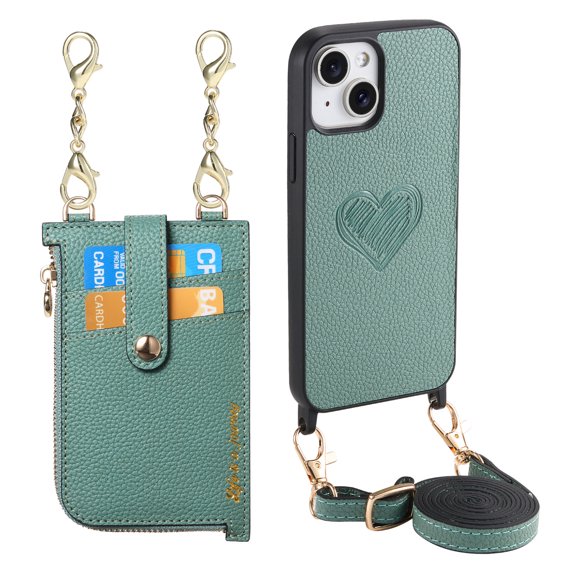 ELEHOLD Wallet Crossbody for iPhone 15 Plus Case,Independent Card Holder PU Leather Case with Detachable Crossbody Strap Zipper Purse Shockproof Cover for Women Girls for iPhone 15 Plus,Green