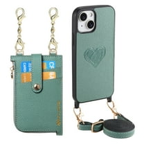 Wallet Case for iPhone 15 with Detachable Card Holder, PU Leather Shoulder Strap Chain Crossbody Phone Cover, Card Slots Heart Pattern Zipper Purse Case with Lanyard for iPhone 15, Green