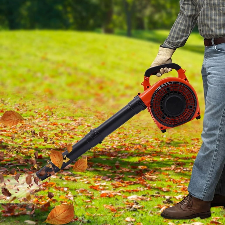 Cut Out. Maintenance Worker with gas powered leaf blower strapped