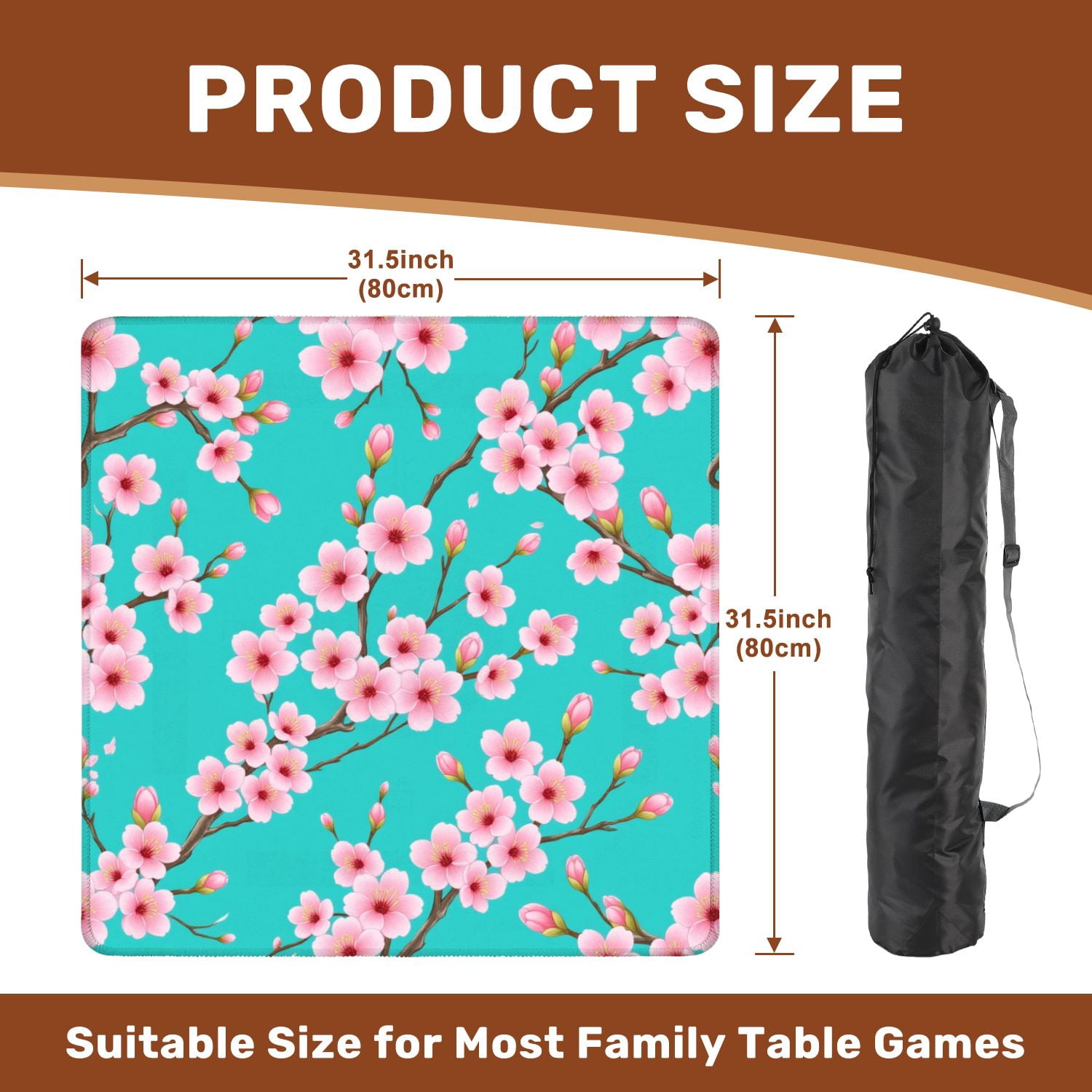 Mahjong Mat 31.5" x 31.5" Seamless Pink Cherry Blossoms Turquoise Non-Slip Noise Reduction American Mahjong Tiles Table Cover for Dominoes Poker Card Board Games Gift