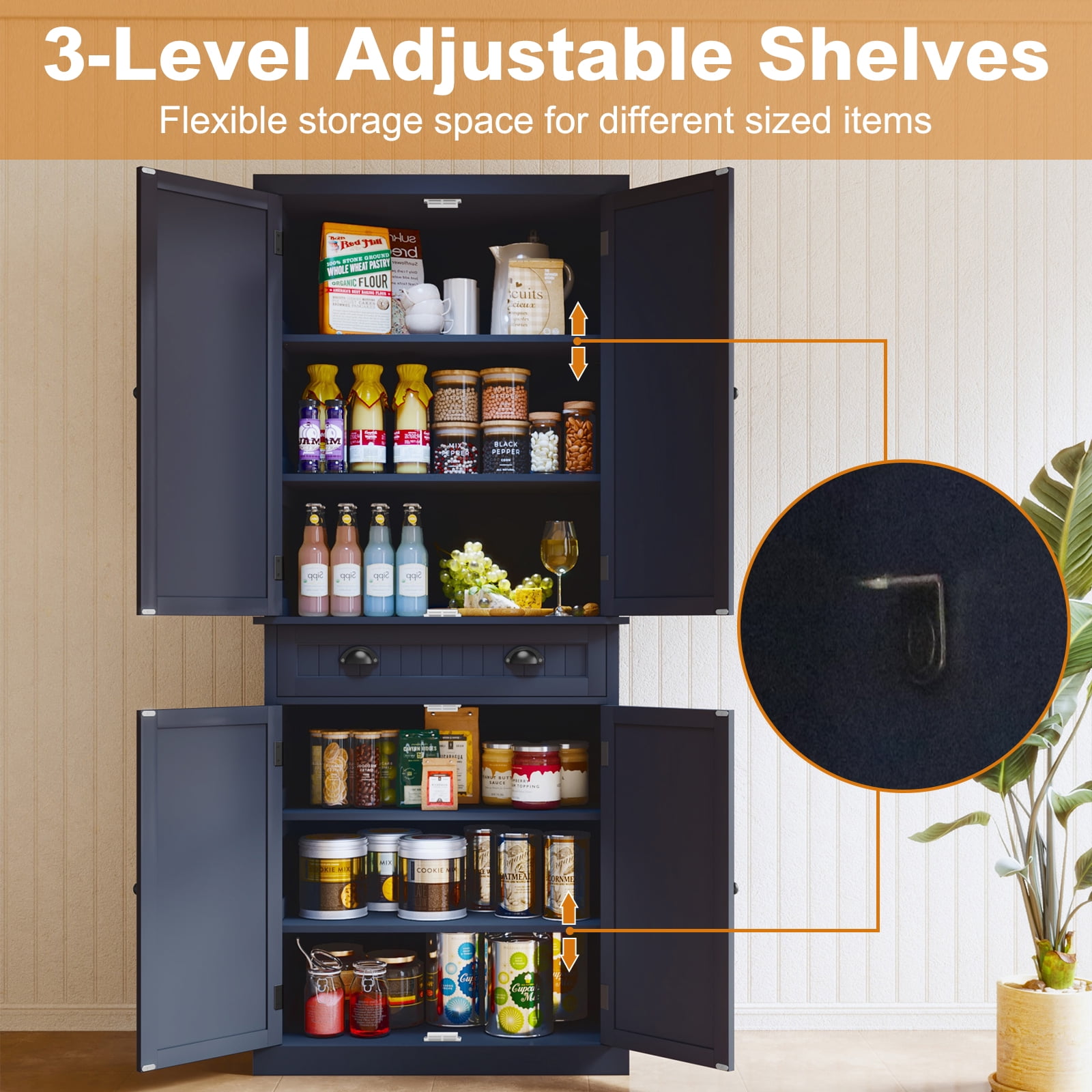 72" Tall Kitchen Pantry Cabinet with Drawer & Adjustable Shelves, Freestanding Storage Cabinet, Navy Blue