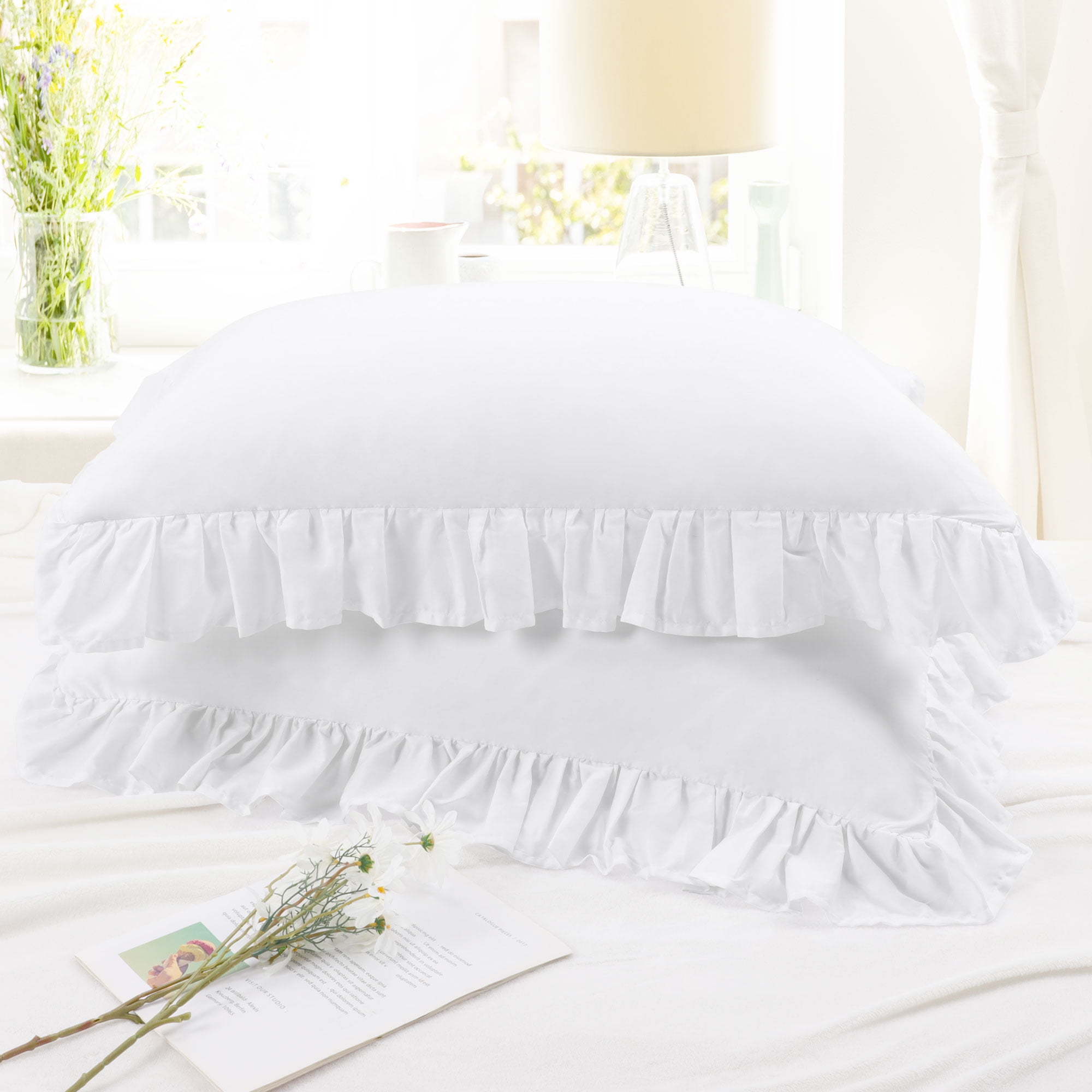 Unique Bargains 2 Pcs 100% Cotton Envelope Closure Ruffled Pillowcases White Standard