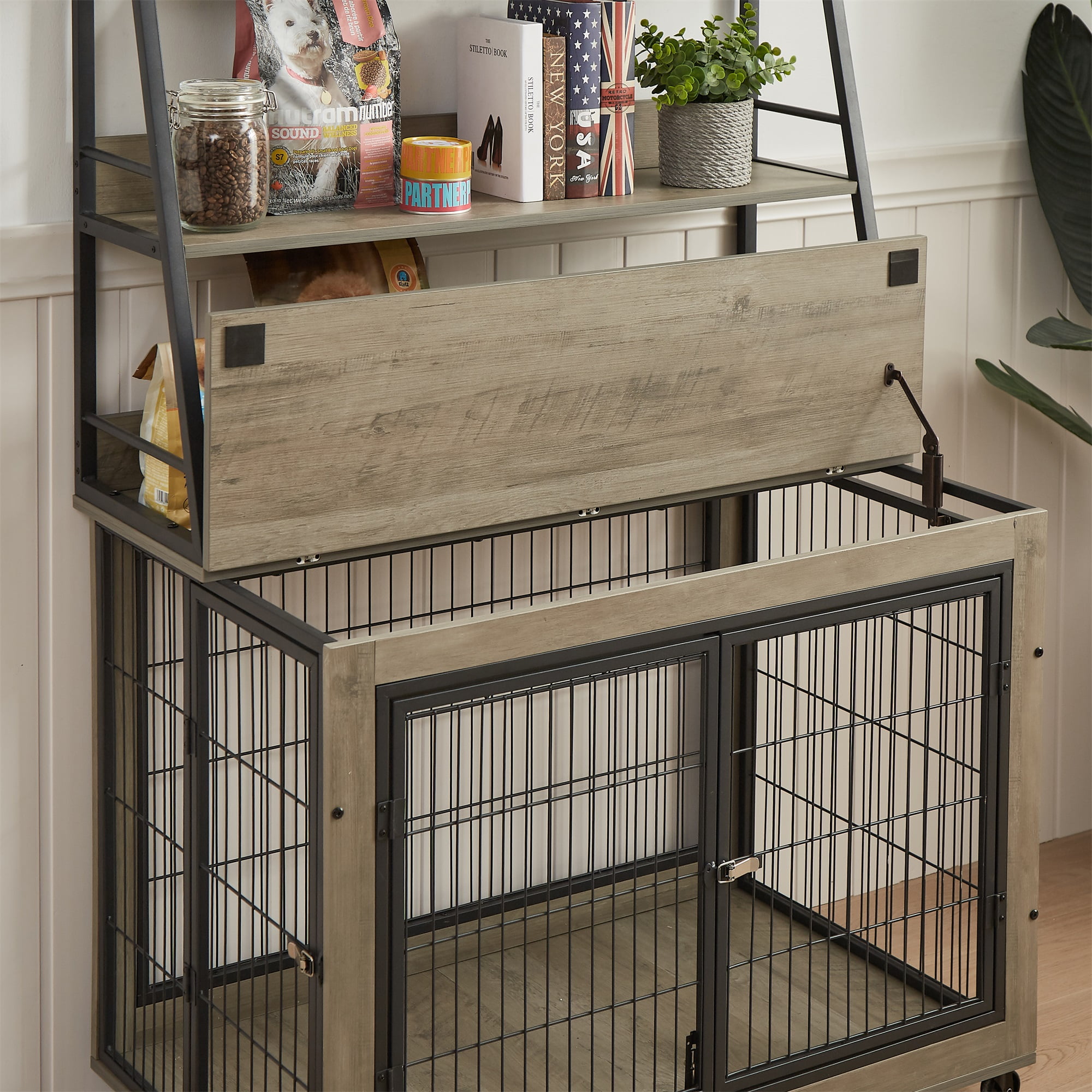 Pefilos 57" Wood Dog Crate Furniture with 3 Tier Shelves, kennel Equipped with Double Doors and A Raised Roof, Gray Pefilos 57" Wood Dog Crate Furniture with 3 Tier Shelves, kennel Equipped with Double Doors and A Raised Roof, Gray