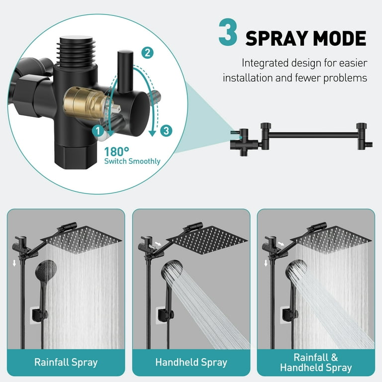8 Inch Dual Shower Head Combo with 11'' Extension Arm, 5 Settings Adjustable Anti-leak High Pressure Shower Head with 59" Hose, Height/Angle Adjustable, Dual Anti-Clog Nozzles, Black